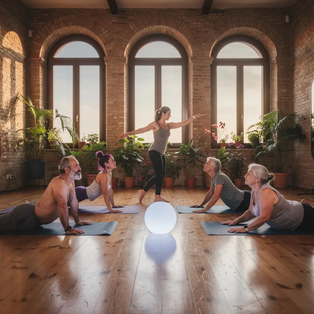 Una persona realizando una postura de yoga de flexión hacia atrás, con el pecho abierto y una expresión de calma.