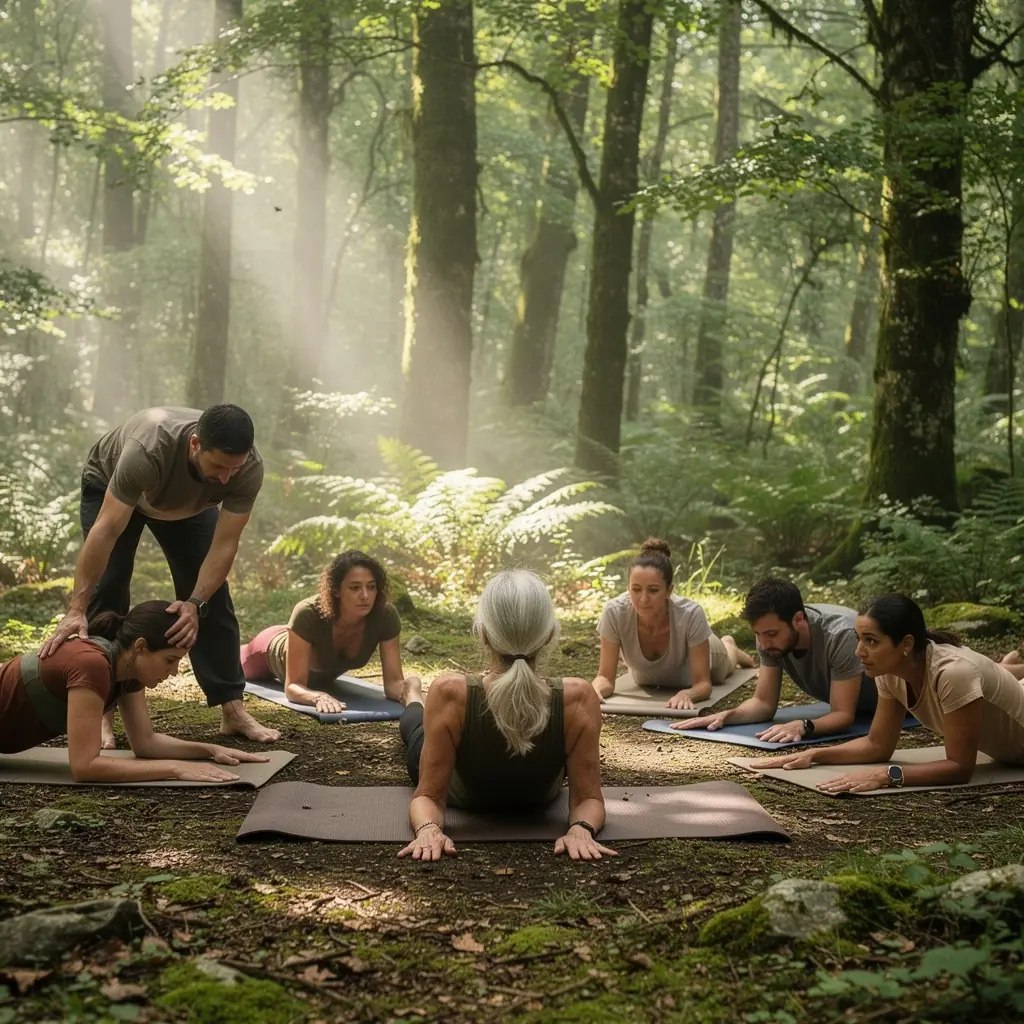 Vista de un grupo de personas en una clase de yoga, ejecutando diversas posturas de flexión de espalda en un entorno natural.