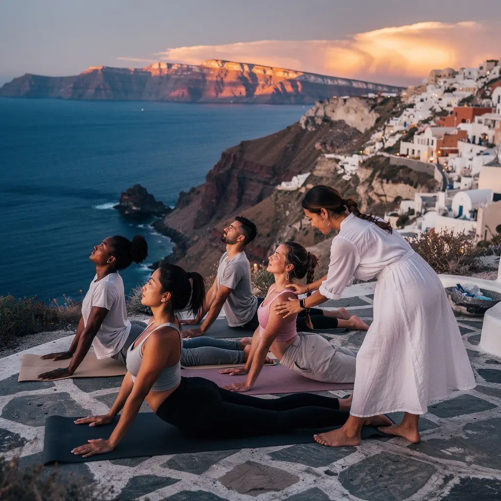 Vista de un grupo de personas en una clase de yoga, ejecutando diversas posturas de flexión de espalda en un entorno natural.