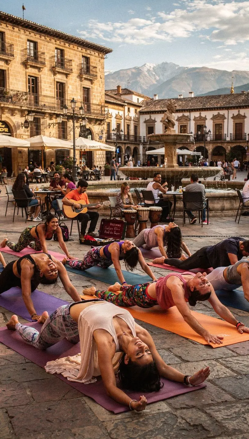 Vista de un grupo de personas en una clase de yoga, ejecutando diversas posturas de flexión de espalda en un entorno natural.