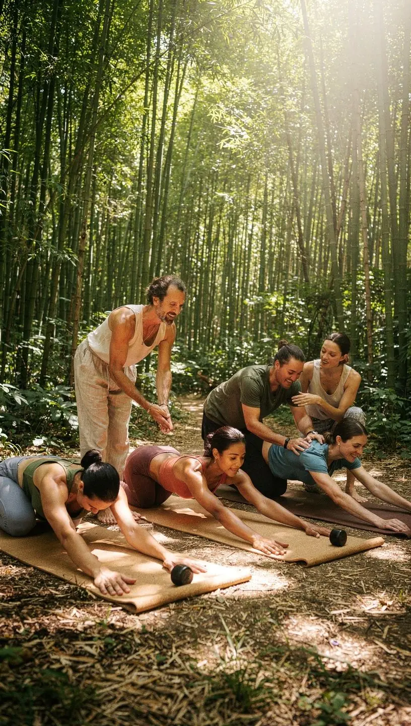 Vista de un grupo de personas en una clase de yoga, ejecutando diversas posturas de flexión de espalda en un entorno natural.